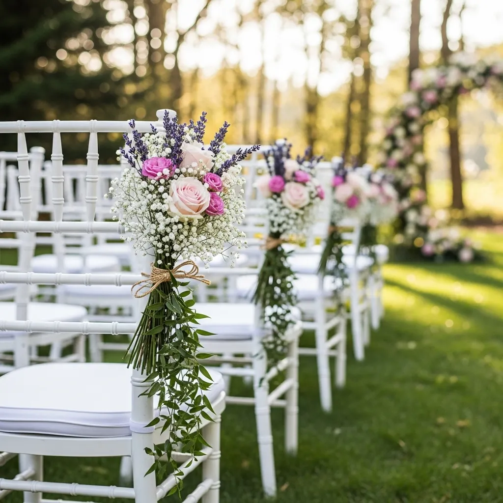 Wedding ceremony chairs decorated with hanging mini bouquets of fresh flowers