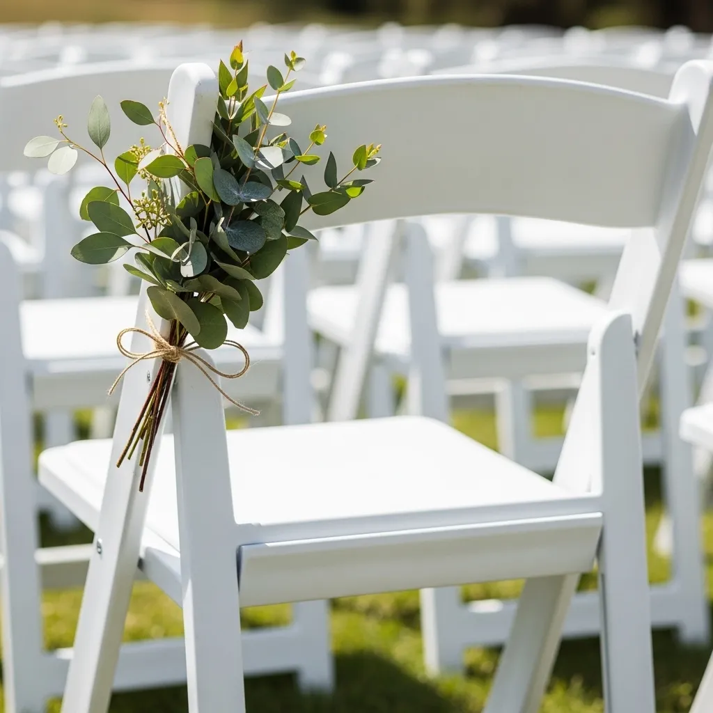 Minimalist wedding ceremony chair decorated with eucalyptus greenery accents