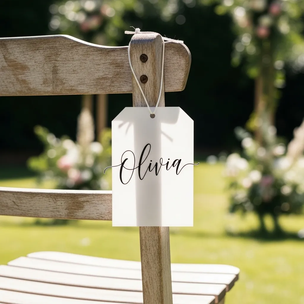 Wedding ceremony chair decorated with personalized guest name tag in calligraphy style