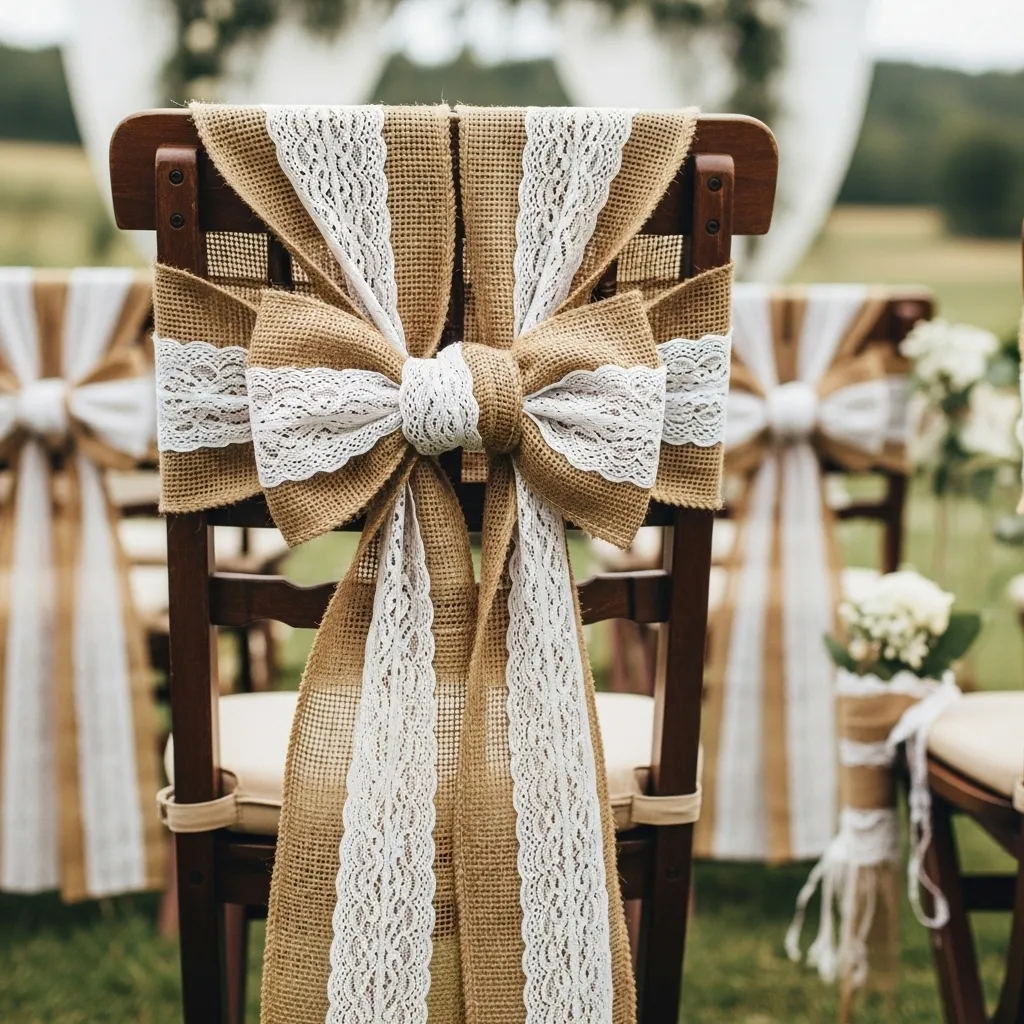 Rustic wedding ceremony chair decorated with burlap and lace sash