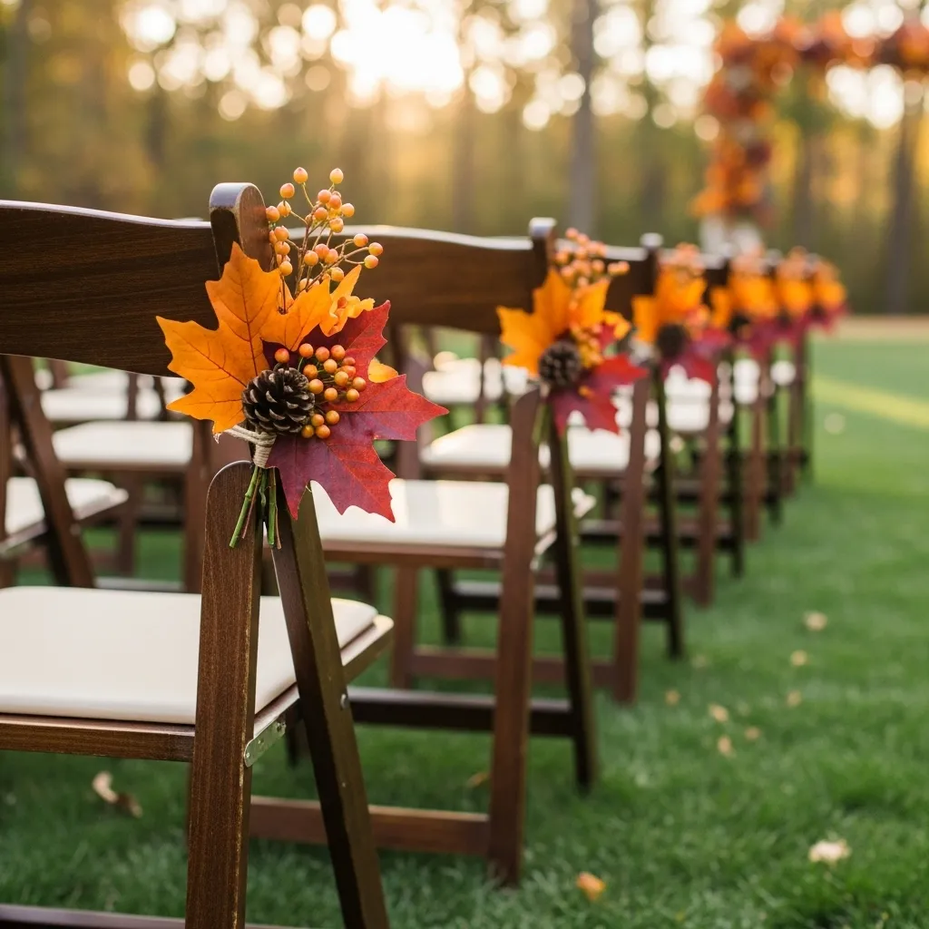 Seasonal wedding ceremony chair decorated with autumn leaves and pinecones