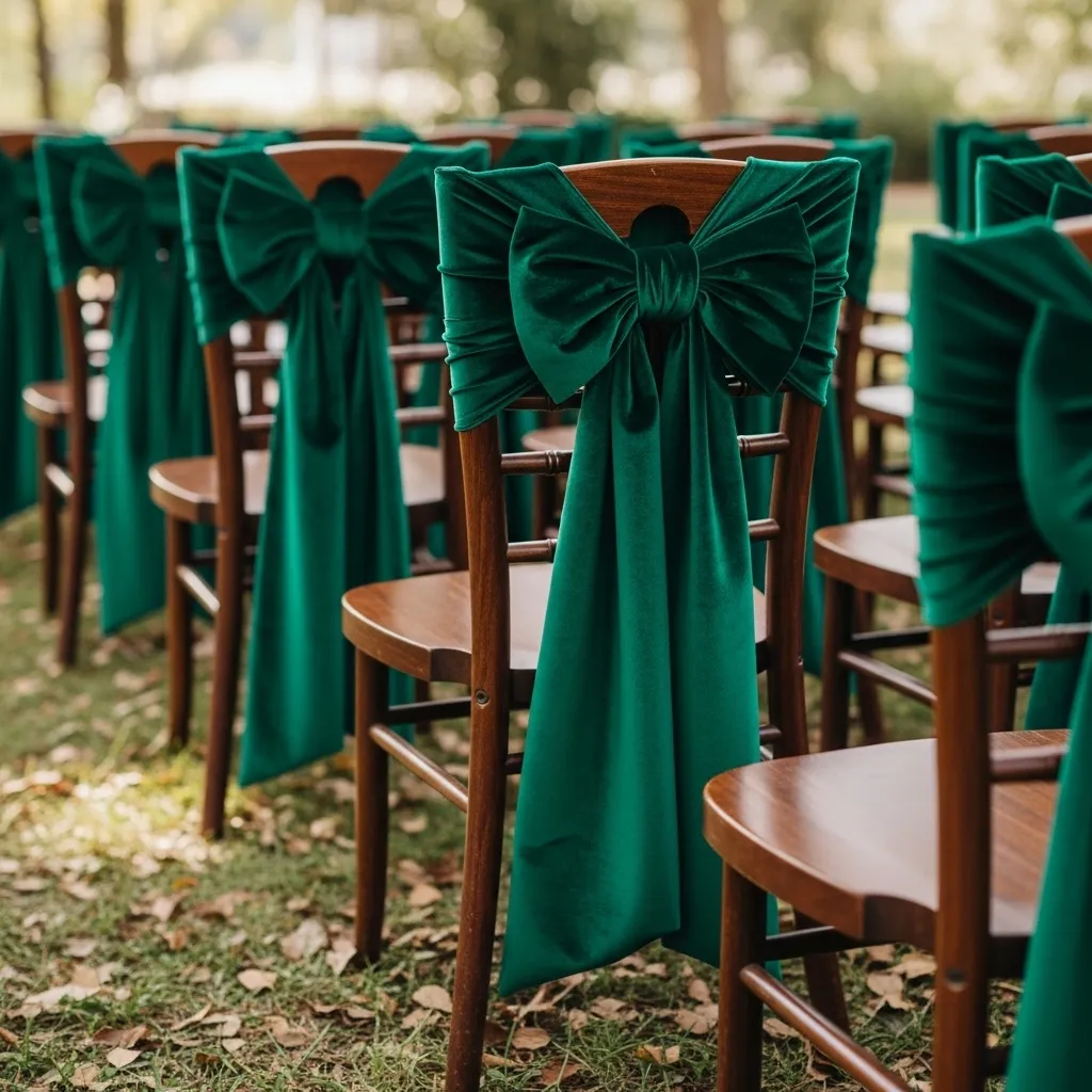 Luxurious wedding ceremony chairs decorated with oversized velvet bows