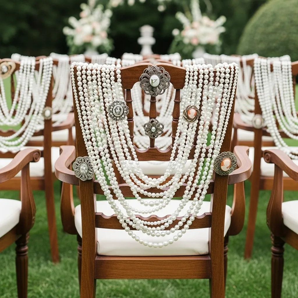 Vintage wedding ceremony chair decorated with pearls and antique brooch accents