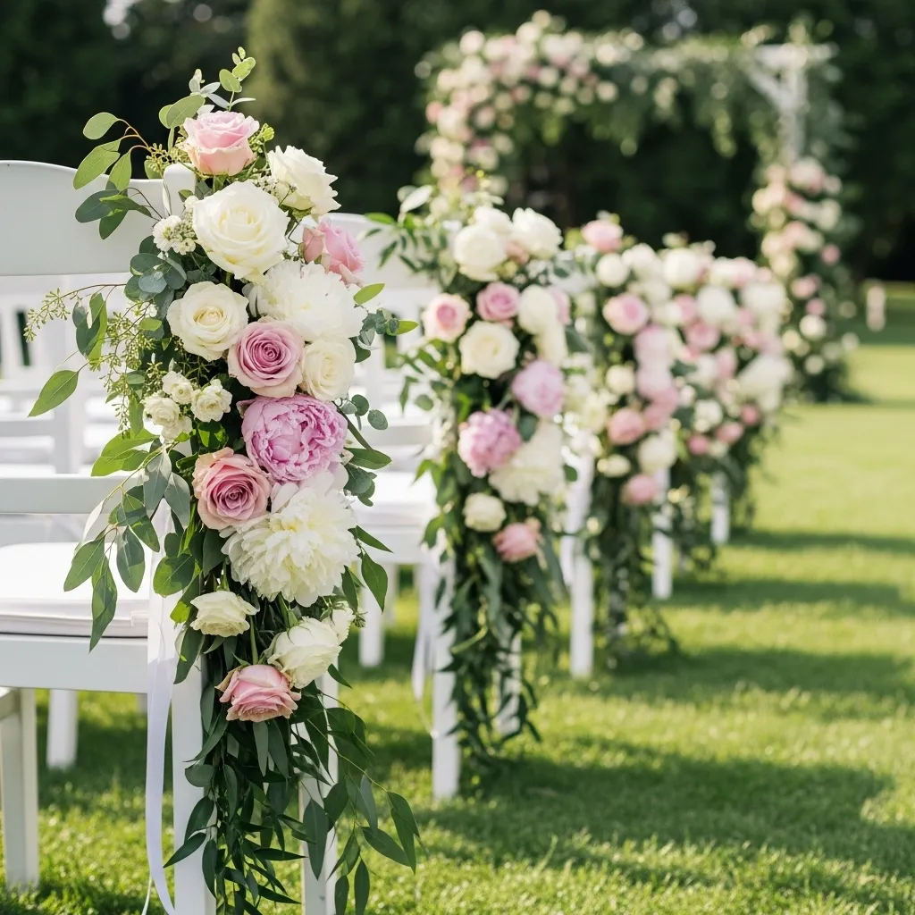 Elegant wedding ceremony chair decorated with floral garland of roses and peonies