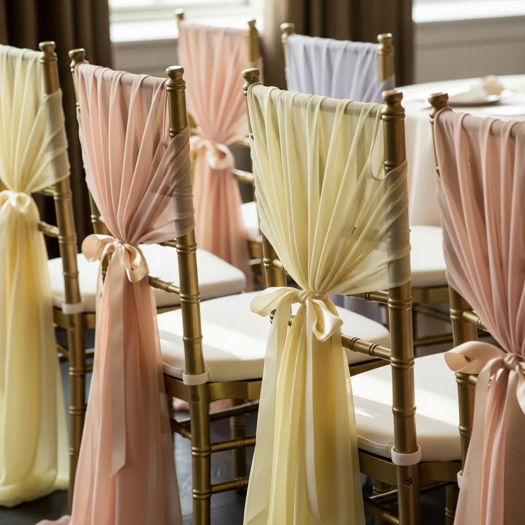 Romantic wedding ceremony chairs with sheer chiffon drapes and silk ribbons